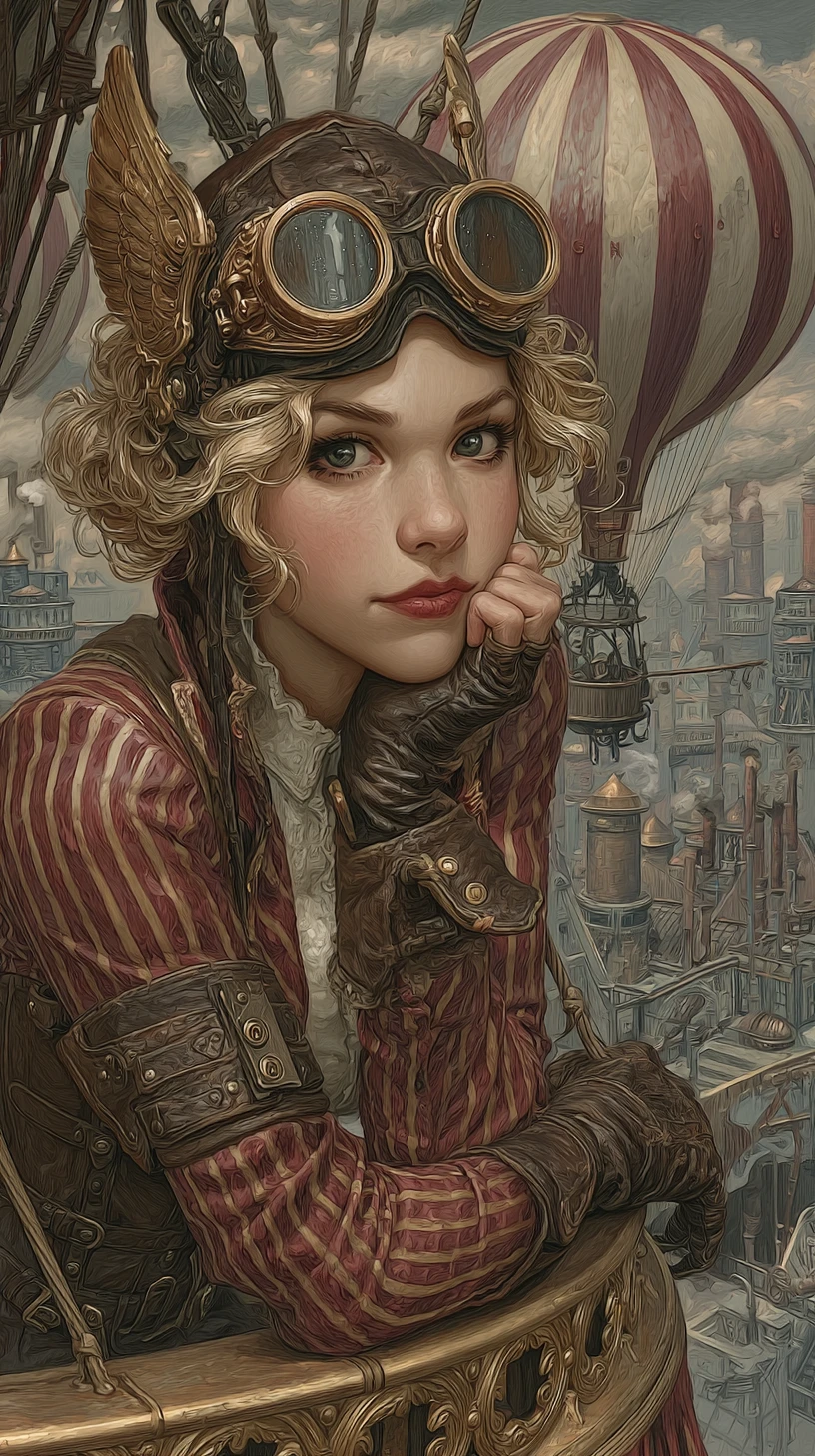 Female airship pilot on a gilded gondola at dusk