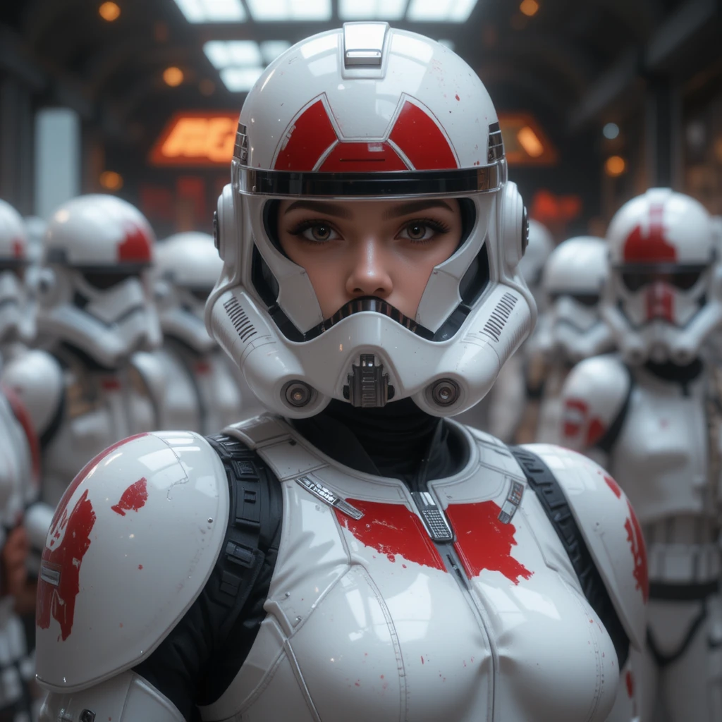 Soldatessa di fantascienza sicura di sé con armatura futuristica