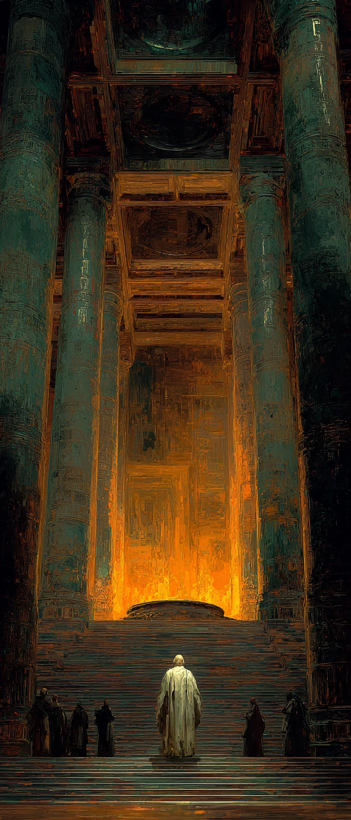 Glowing wizard of light guards a sacred temple fire
