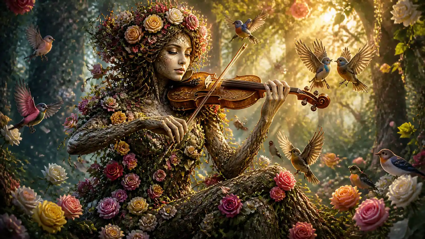 Ethereal dryad woman playing violin in forest clearing
