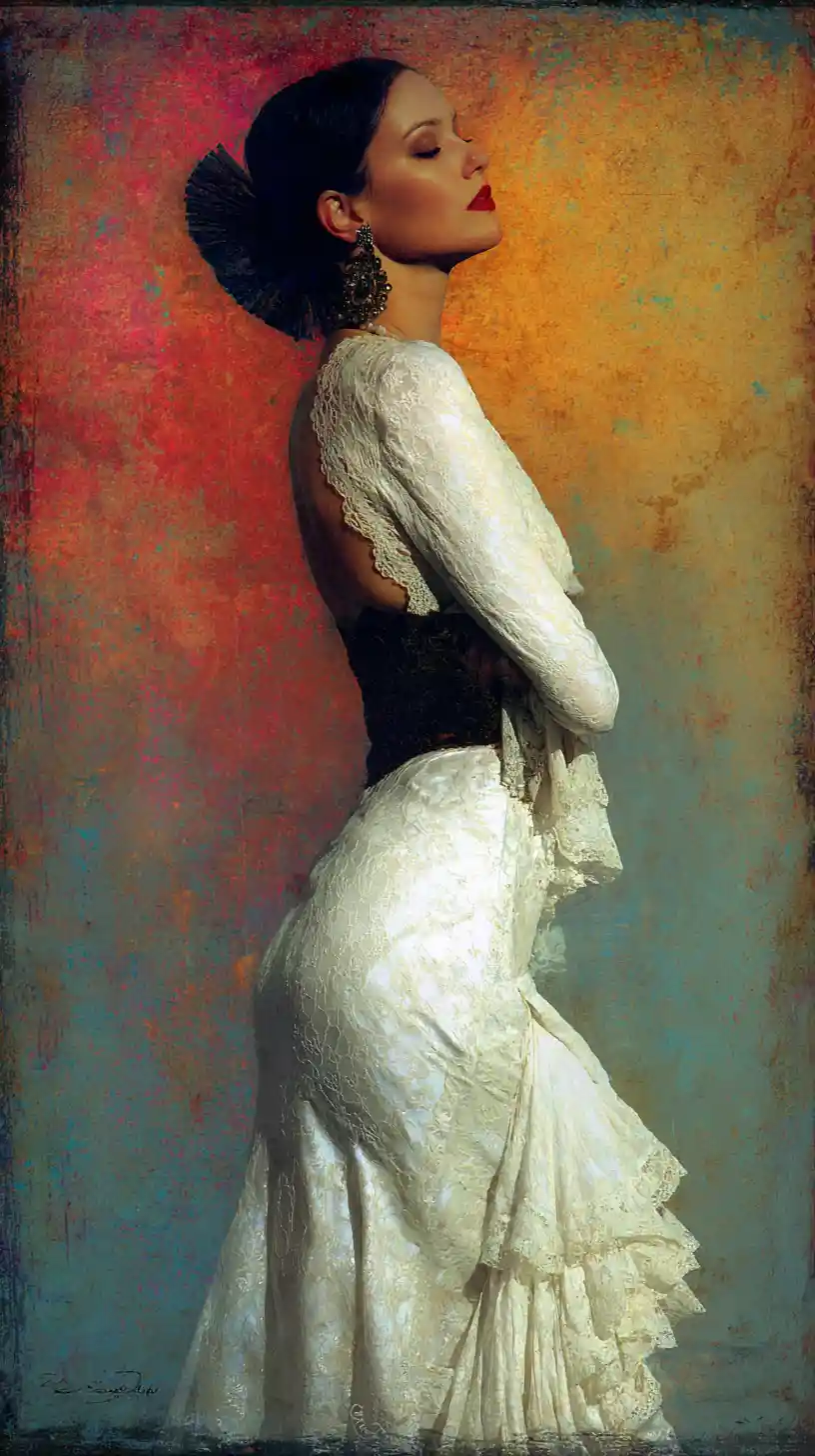 Elegant mature woman in white satin surreal illustration