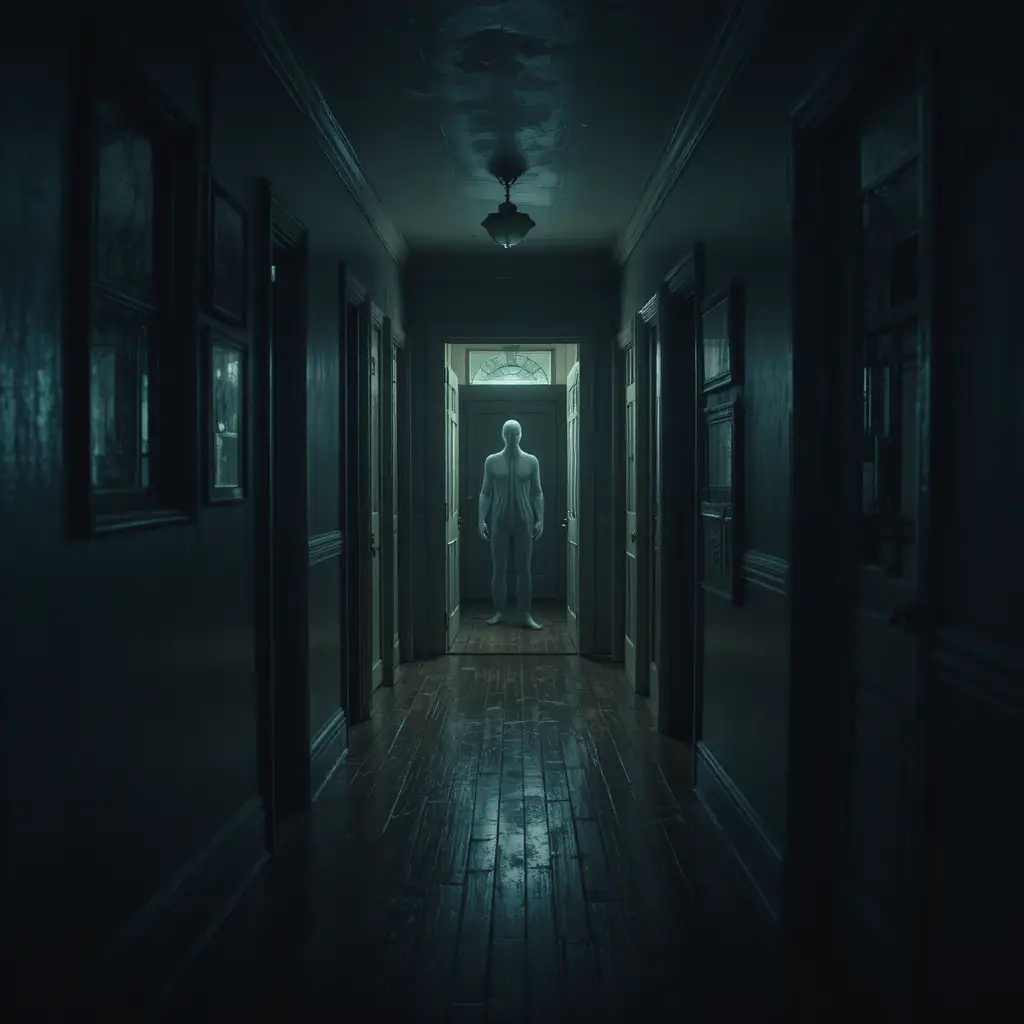 First person view of eerie home interior with doorways