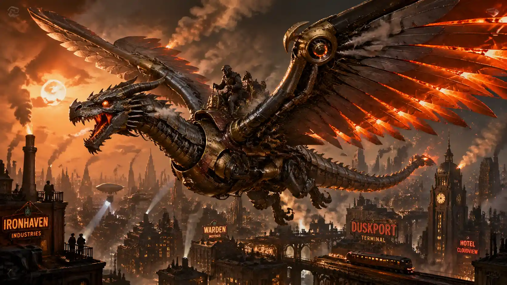 Mechanical dragon flying over smoky industrial retro city