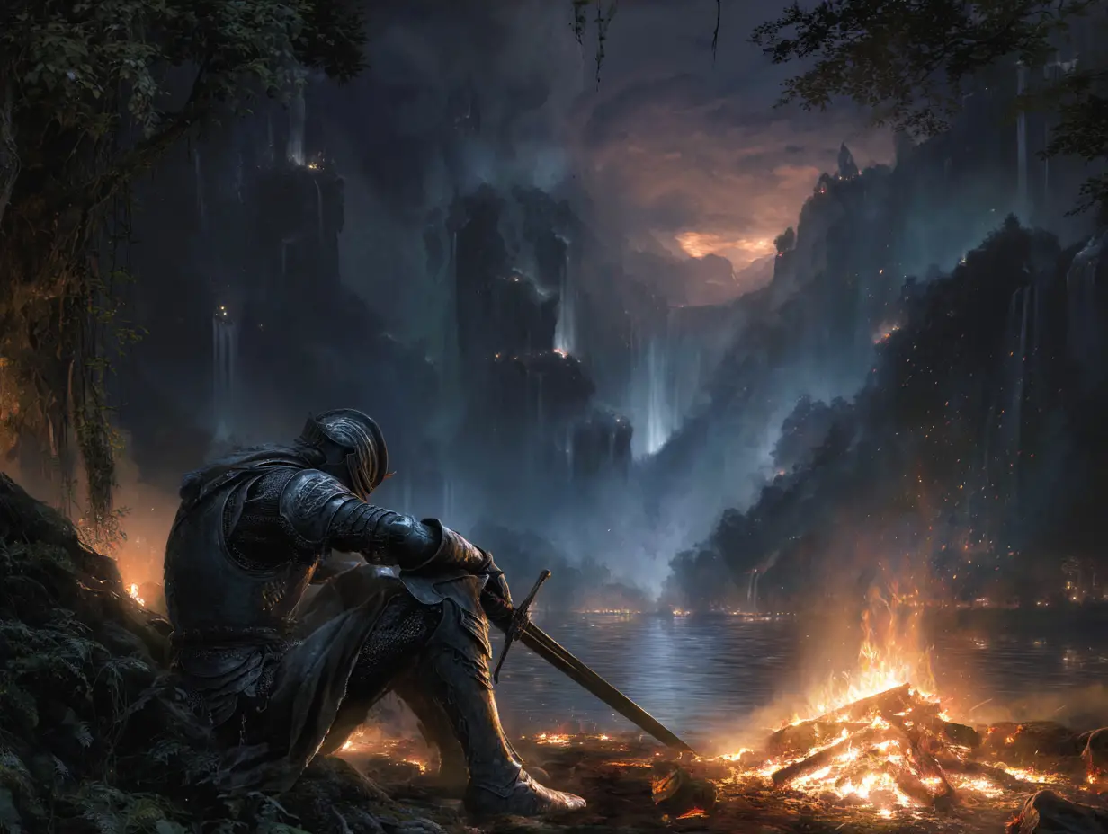 Weary black knight by campfire in a vast fantasy valley
