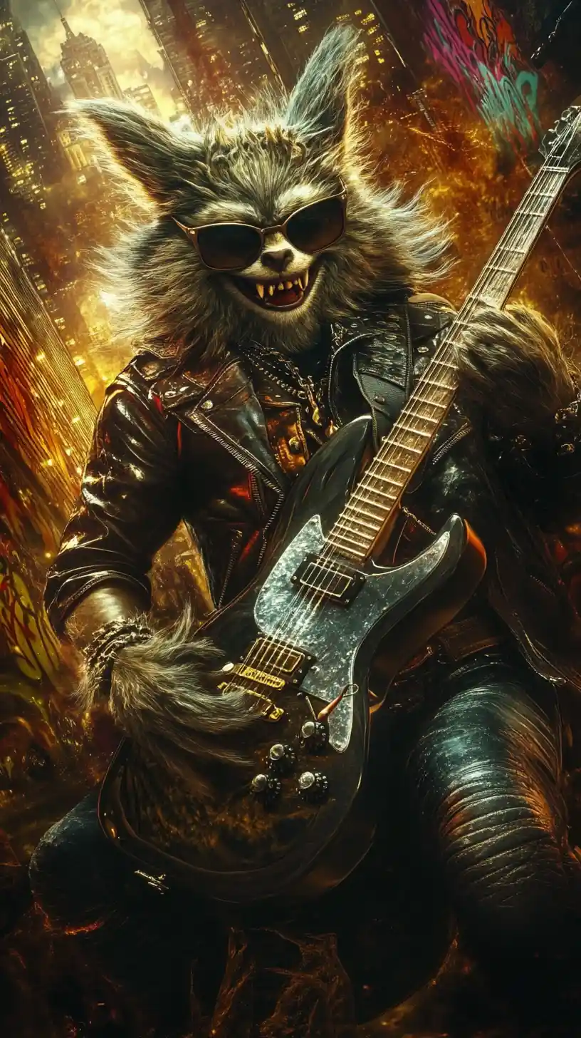 Rockstar creature with guitar in a dramatic urban cityscape