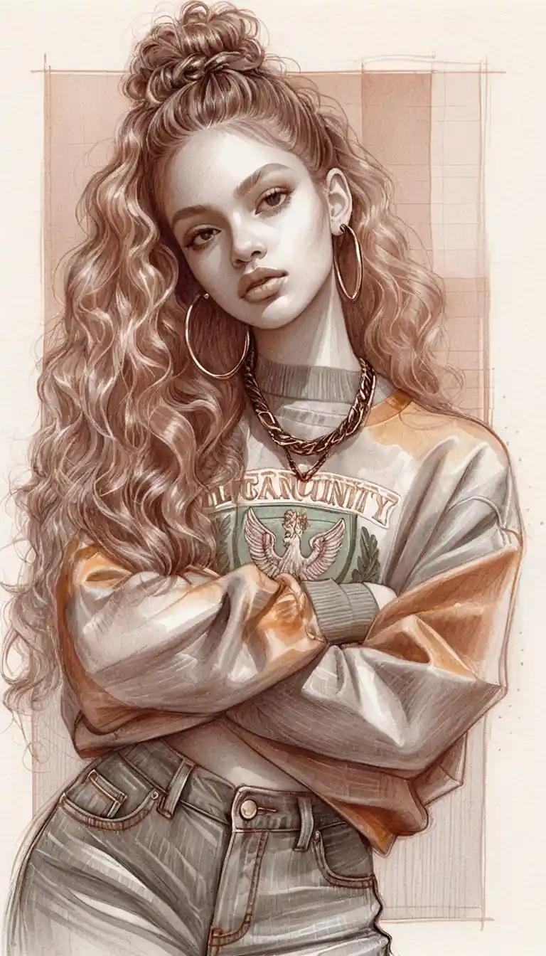 Confident woman in vintage college sweatshirt fashion illustration