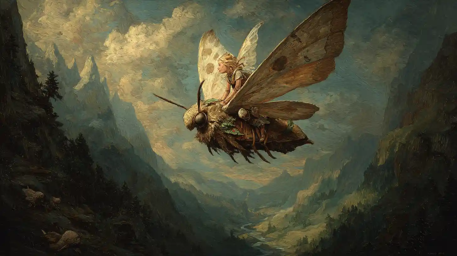 Forest sprite riding a magical moth through mountain valley