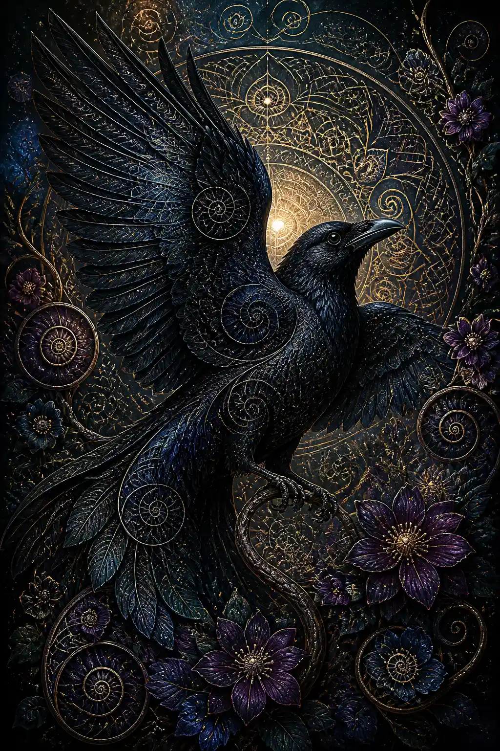 Corvo nero mistico con mandala e geometria floreale