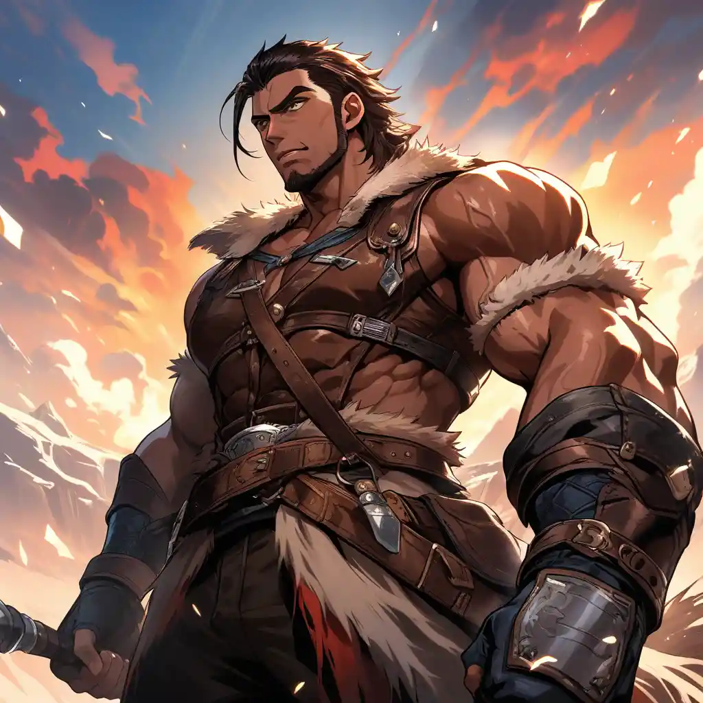 Dark skinned fantasy warrior with maul in leather armor