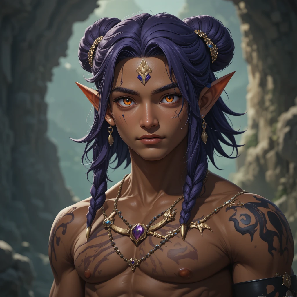Young fantasy archer with brown skin and violet hair