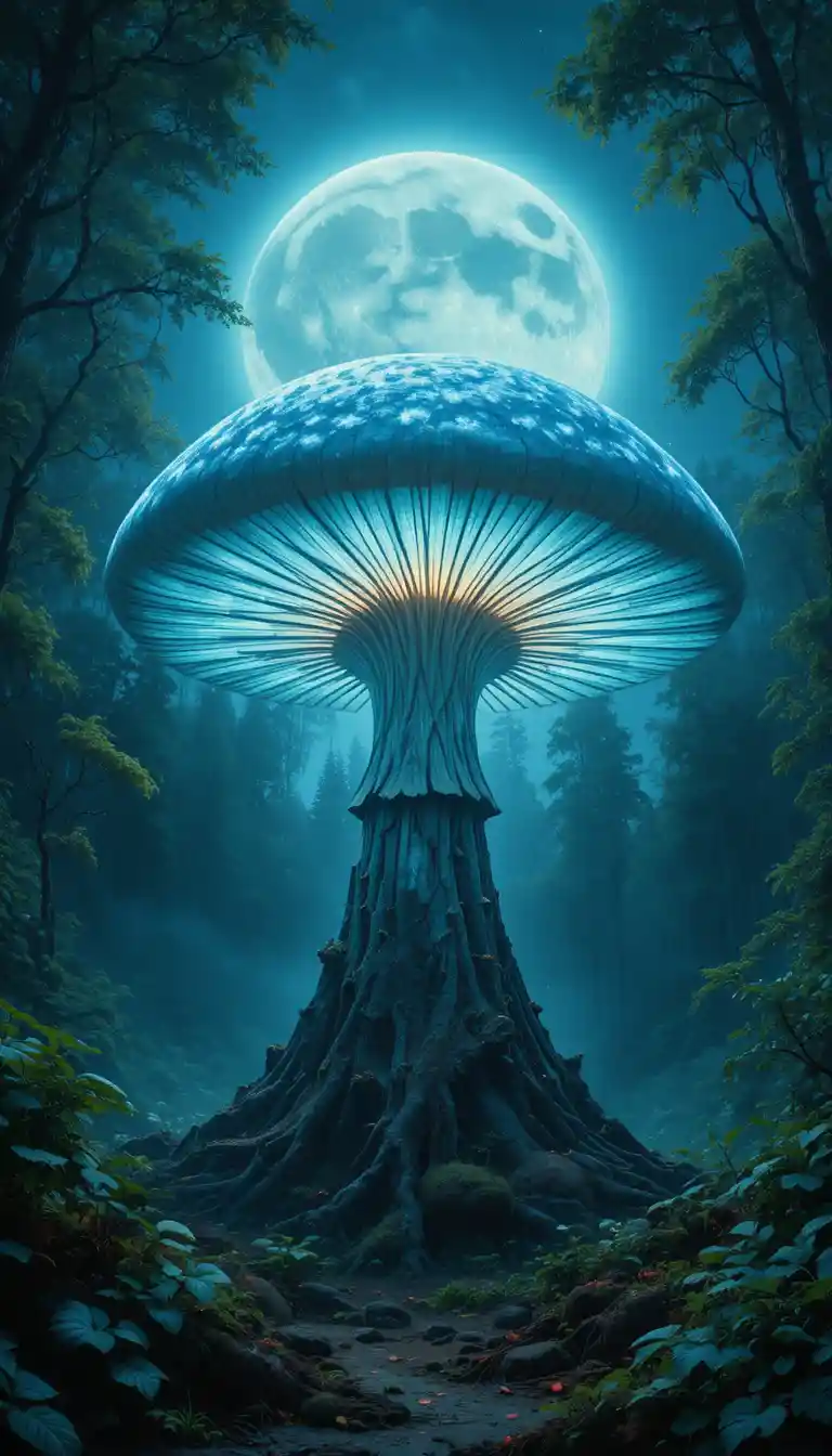 Giant glowing mushroom rising in a moonlit emerald forest