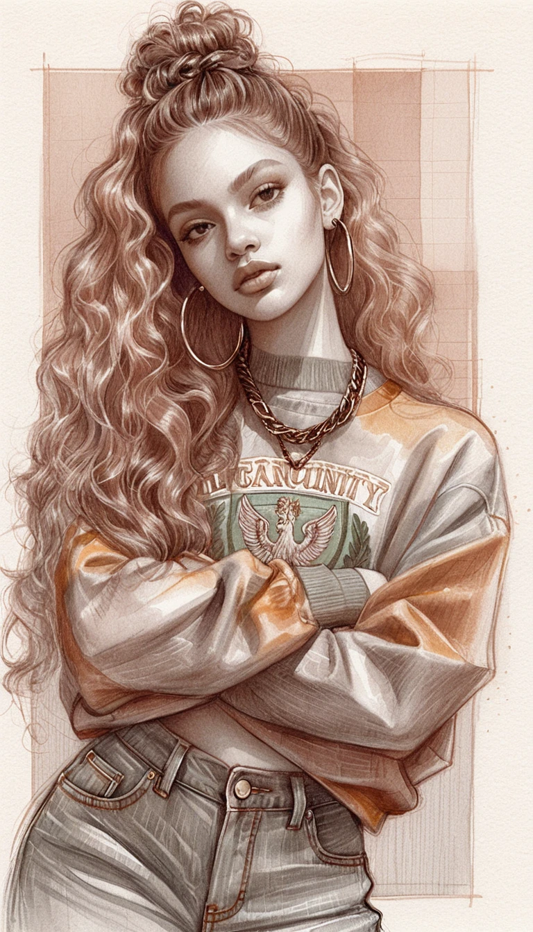 Confident woman in vintage college sweatshirt fashion illustration