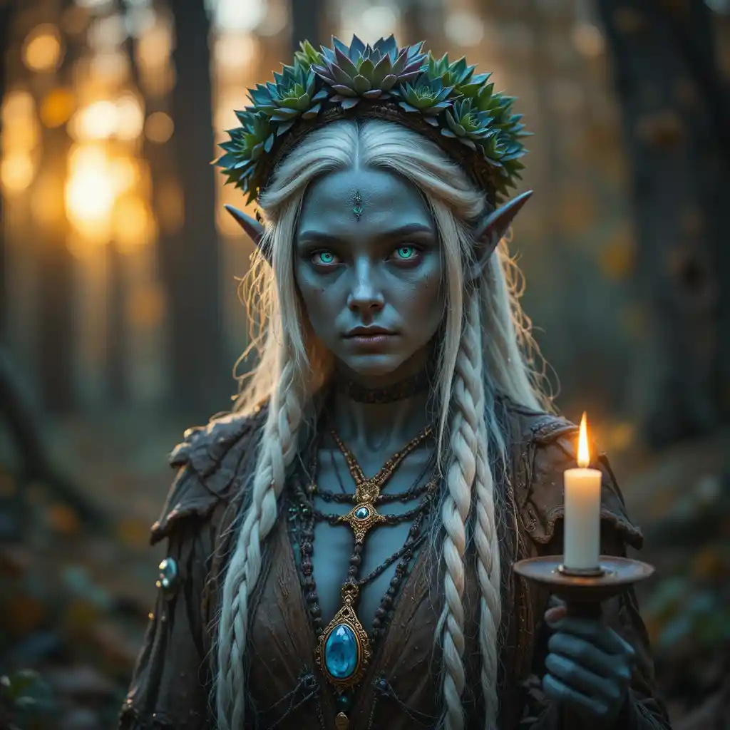 Ancient elf woman holding candle in autumn forest
