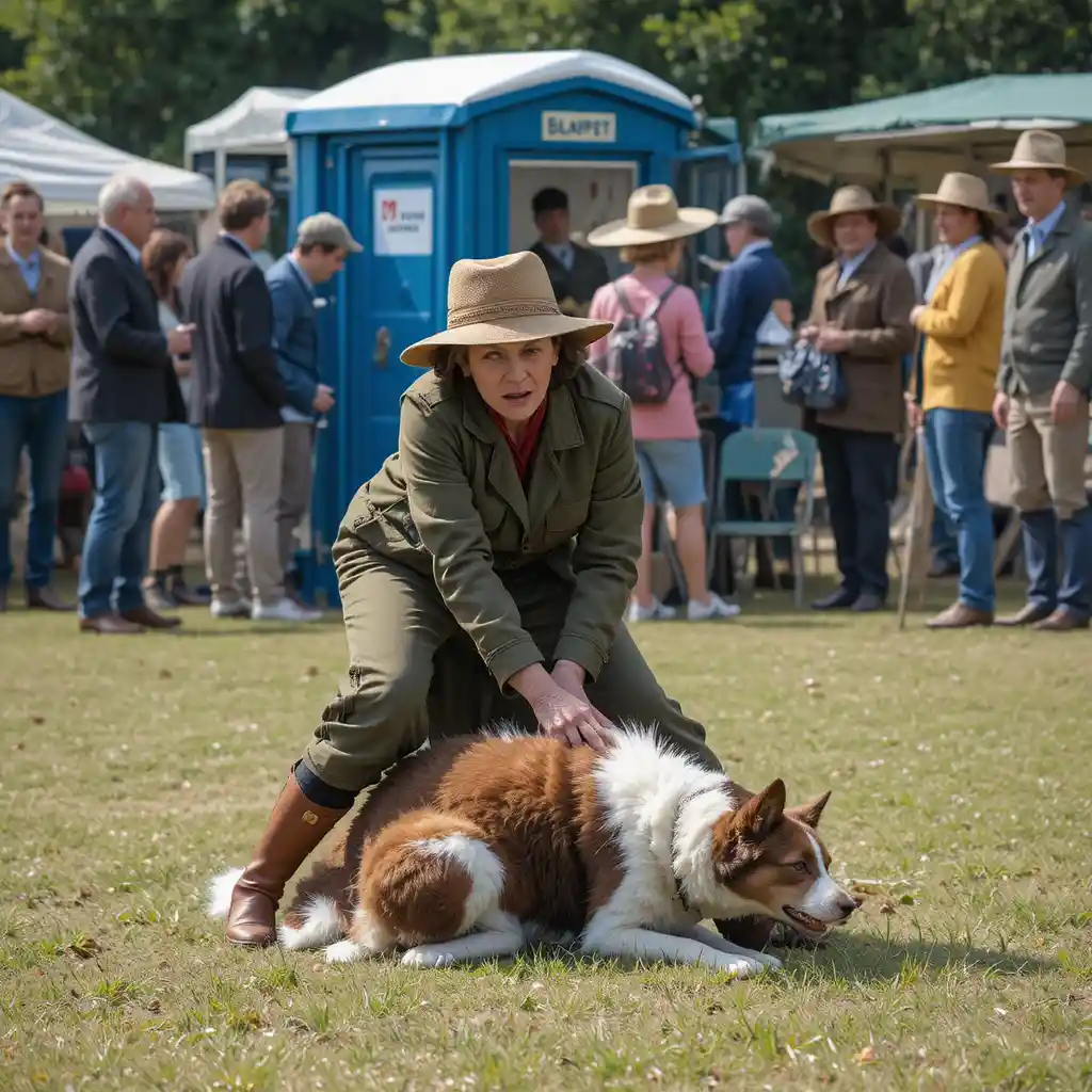 Sunny countryside car boot fair with people queuing for toilets
