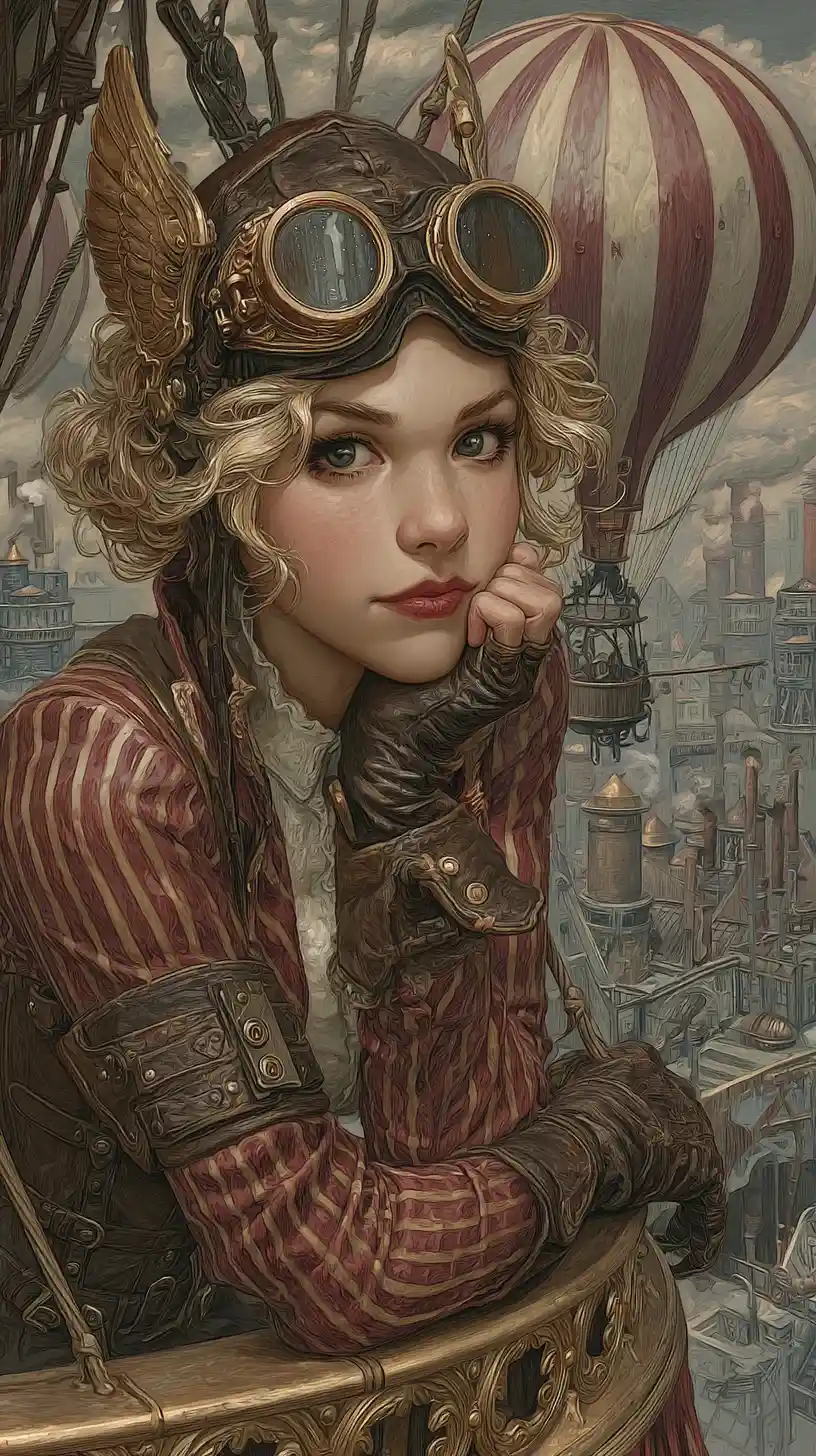 Female airship pilot on a gilded gondola at dusk