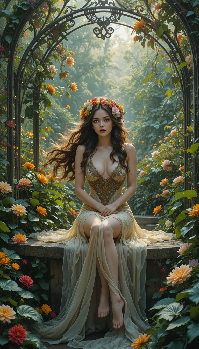 Woman with floral crown in a dreamy art nouveau garden