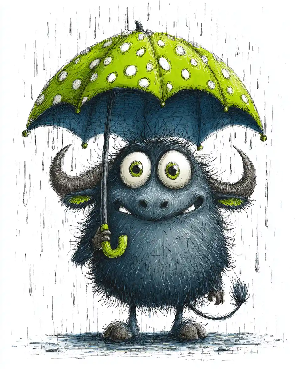 Happy baby buffalo with umbrella in the rain