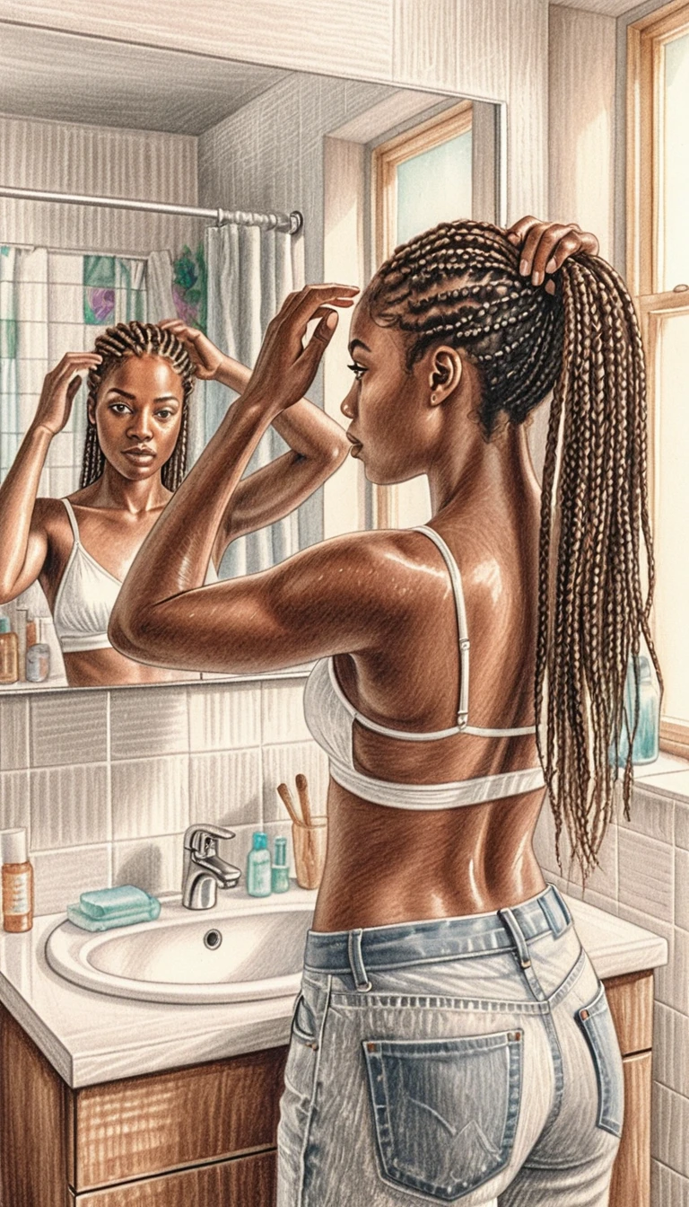 Junge Frau, die ihre Box Braids im Badezimmerspiegel richtet
