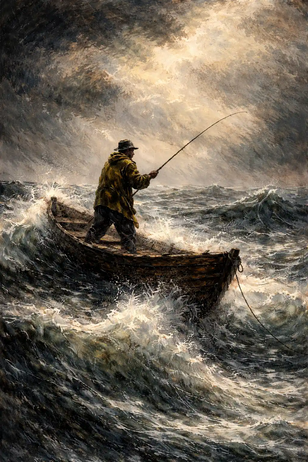 Lone fisherman battles towering waves on a stormy sea