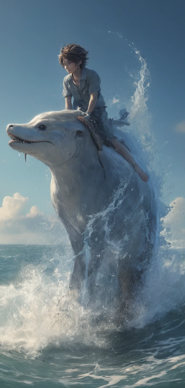 Anime sea boy riding a mystic dolphin above crashing waves