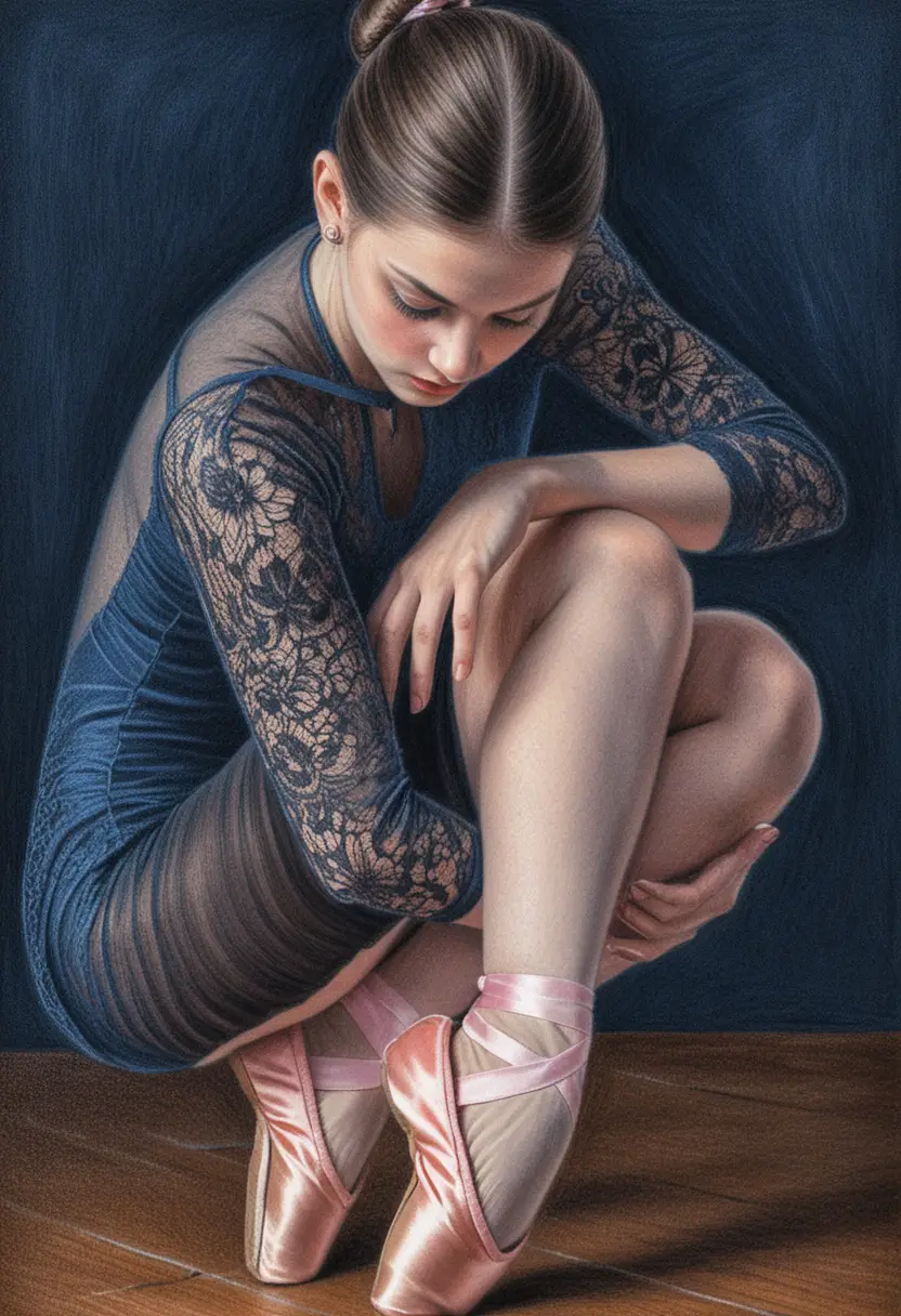 Young ballerina in lace leotard crouched on wooden floor