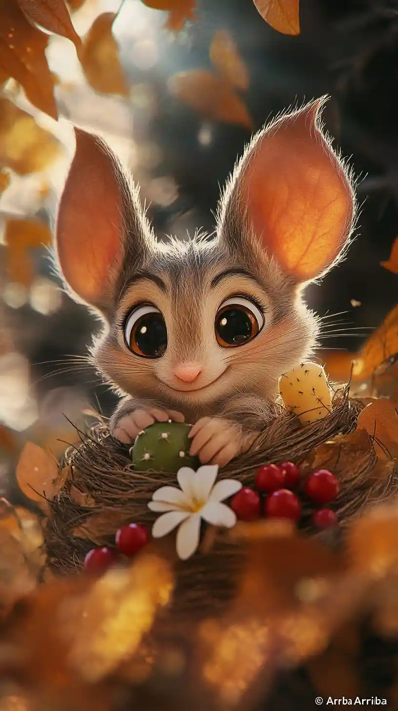 Smiling cartoon mouse in a winter scene holding a cactus