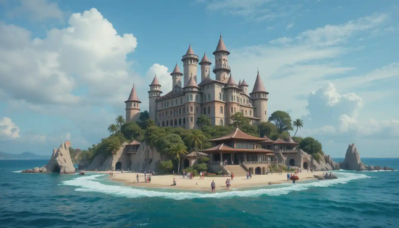 Man and assistant welcoming guests to a mysterious island