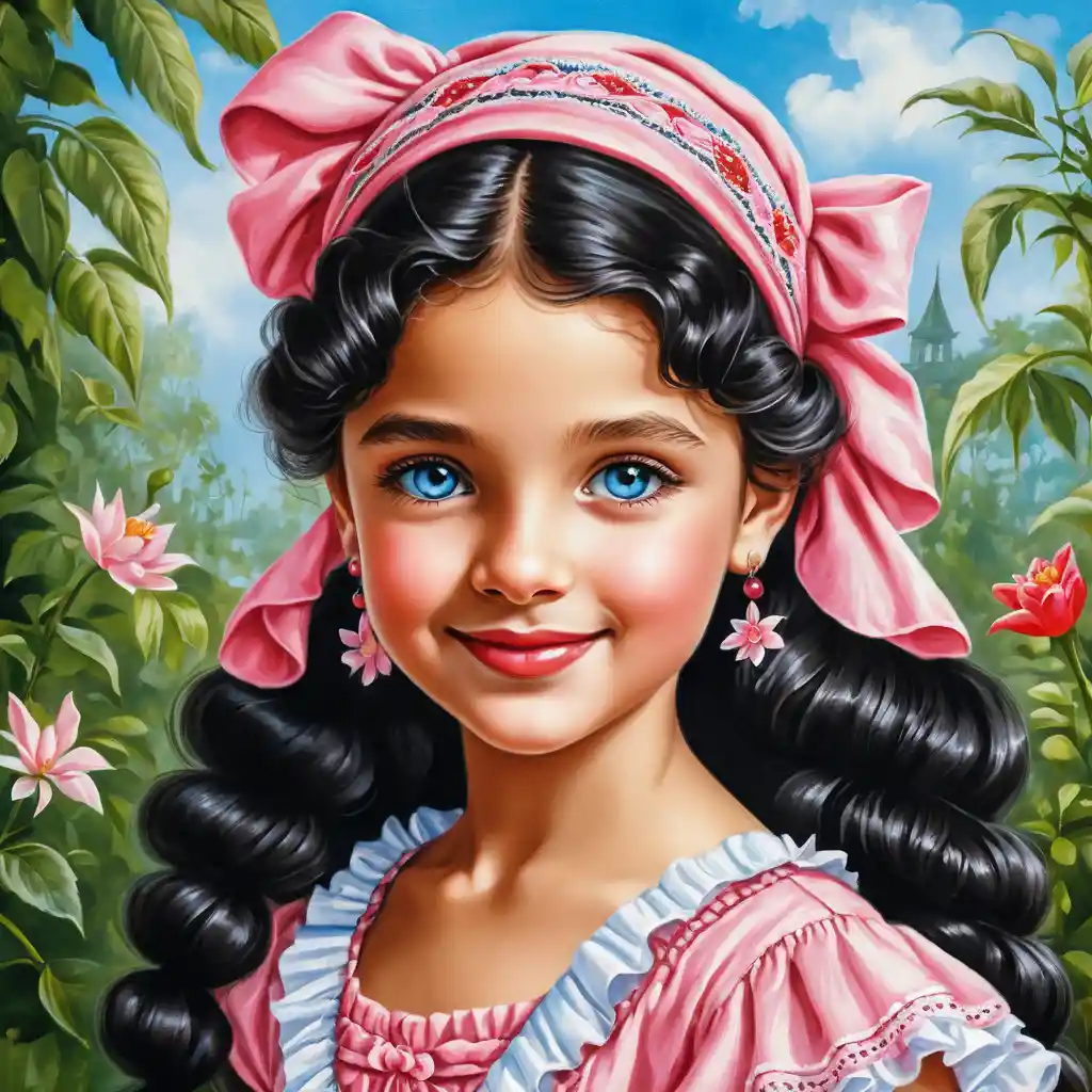 Vintage smiling girl with long curly hair in pink dress