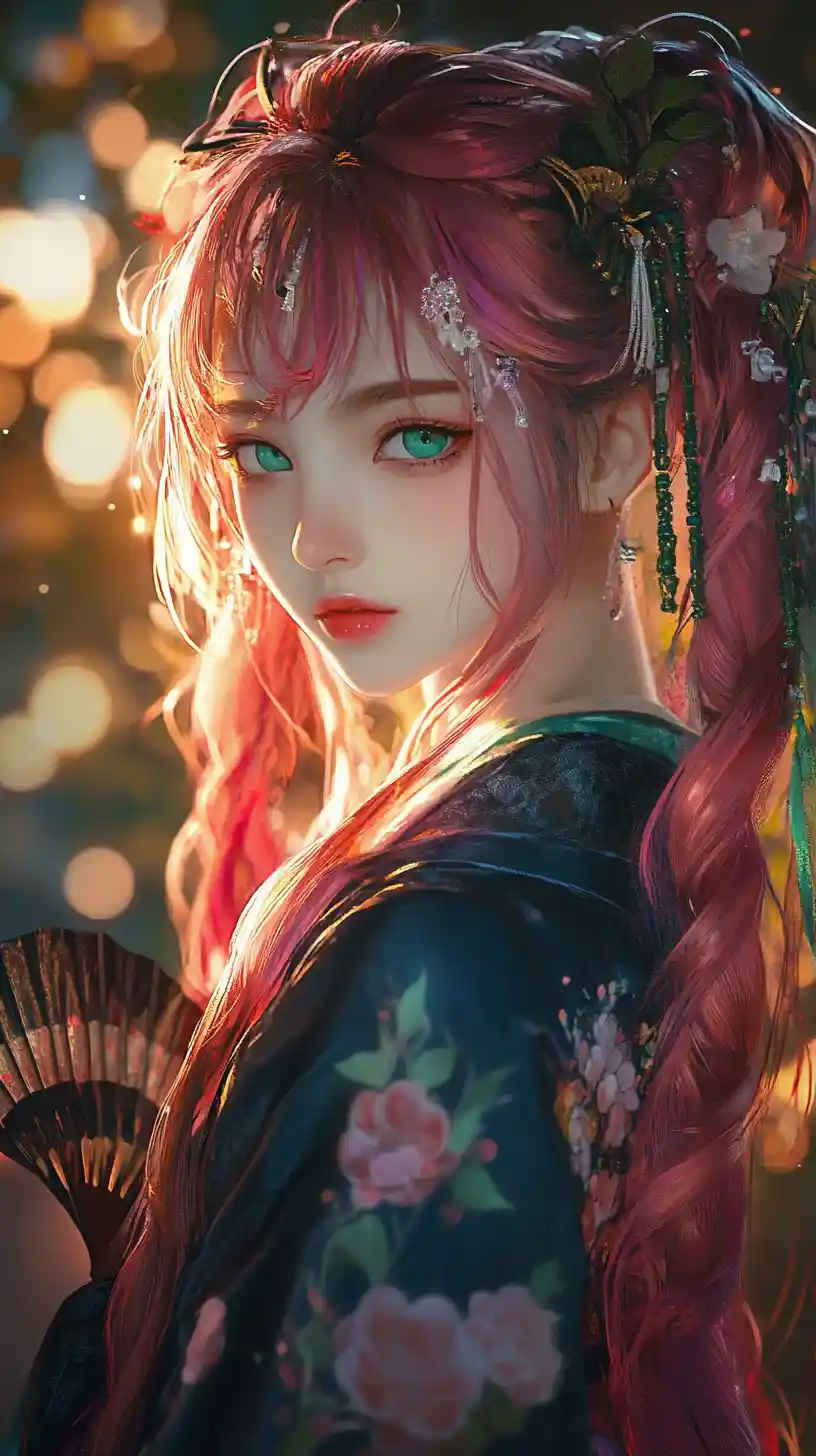 Anime girl in floral kimono with fan in glowing garden