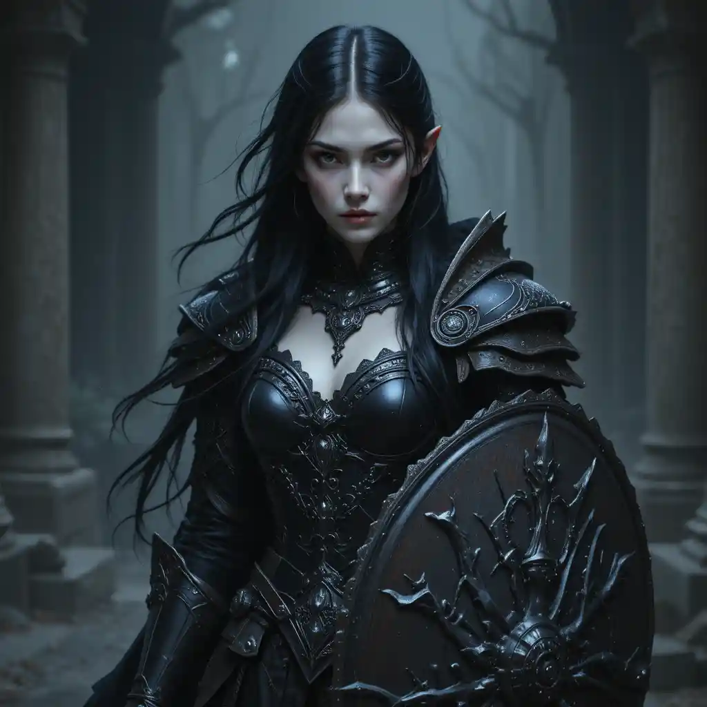 Elf cleric in dark armor with shield and mace
