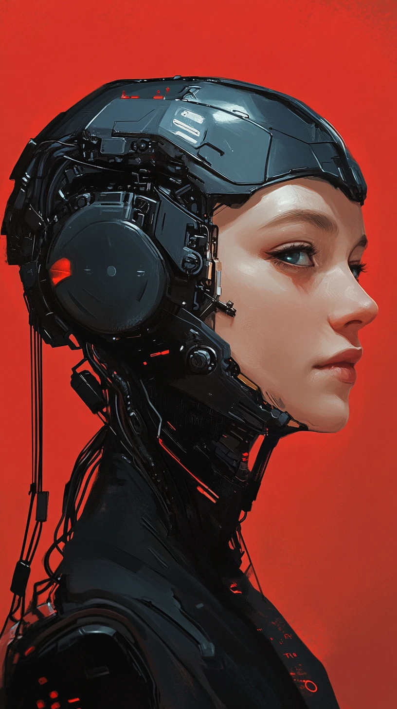 Cyberpunk cyborg woman profile on bold red graphic background