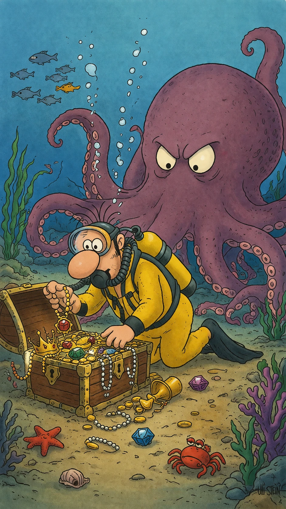 Cartoon diver collecting treasure on colorful ocean floor