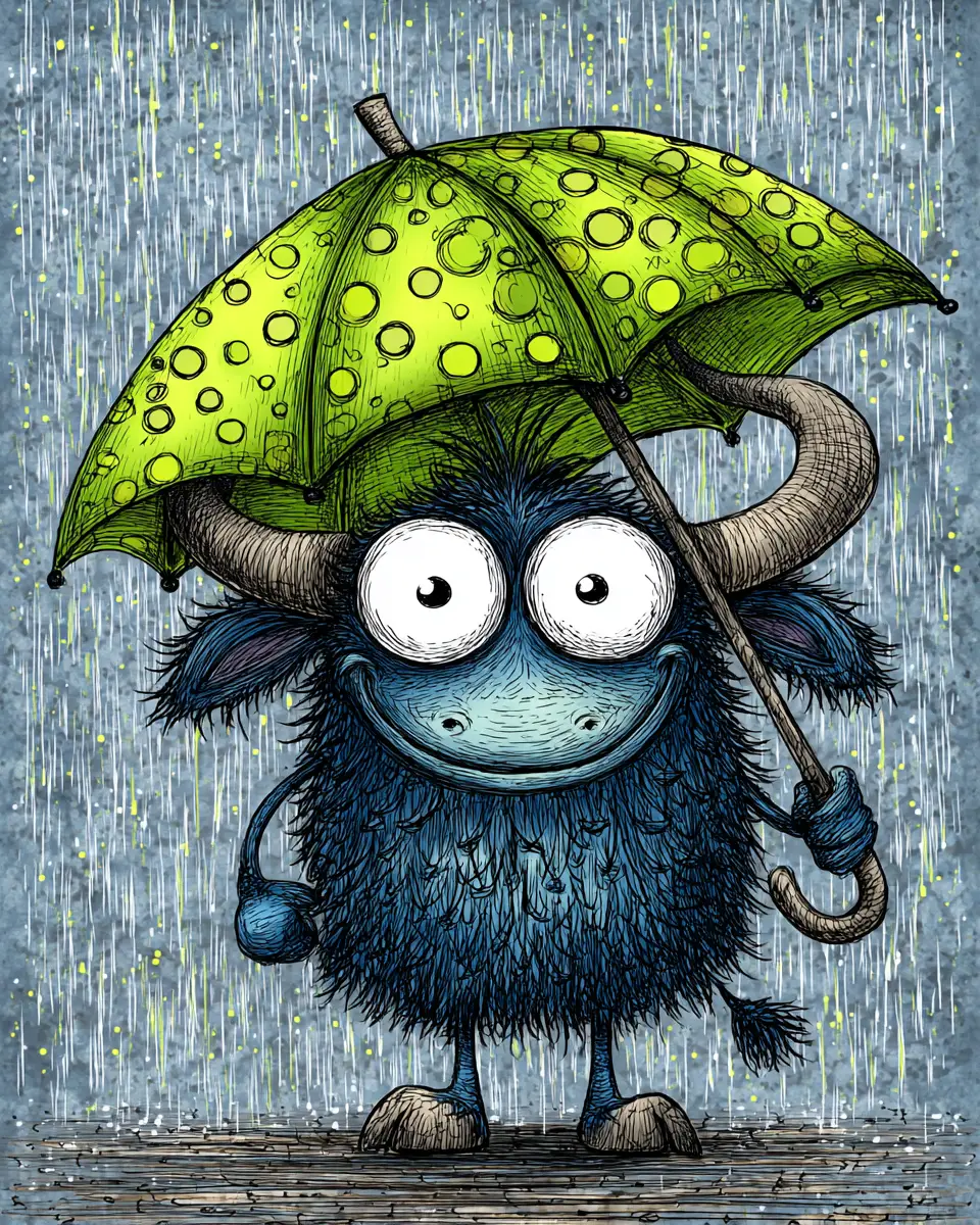 Happy baby bison holding an umbrella in the rain