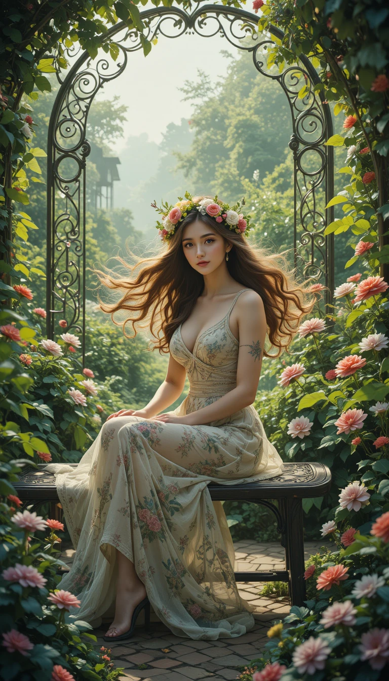 Woman with floral crown in a dreamy art nouveau garden