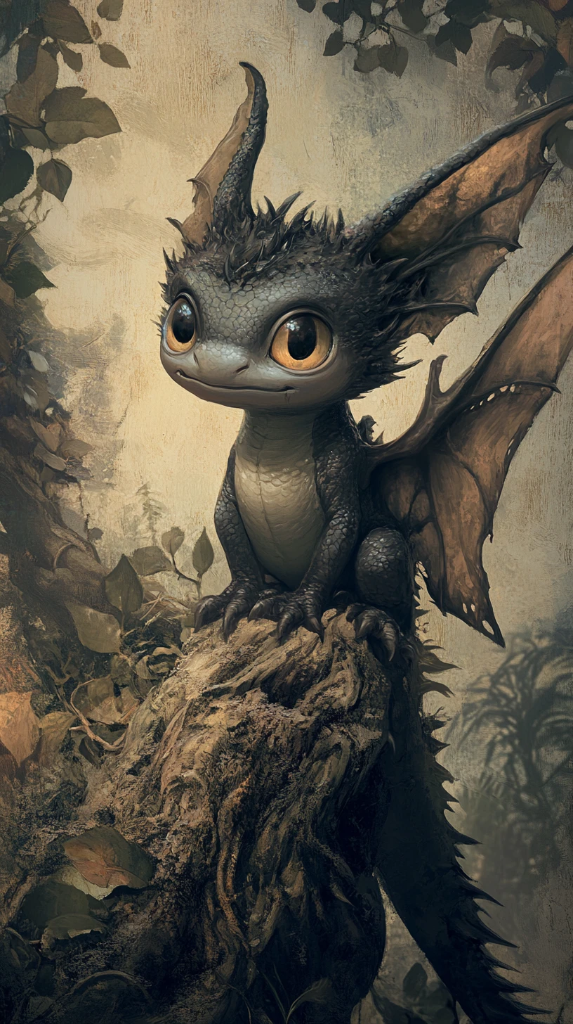 Cute gothic baby dragon perched on gnarled forest root