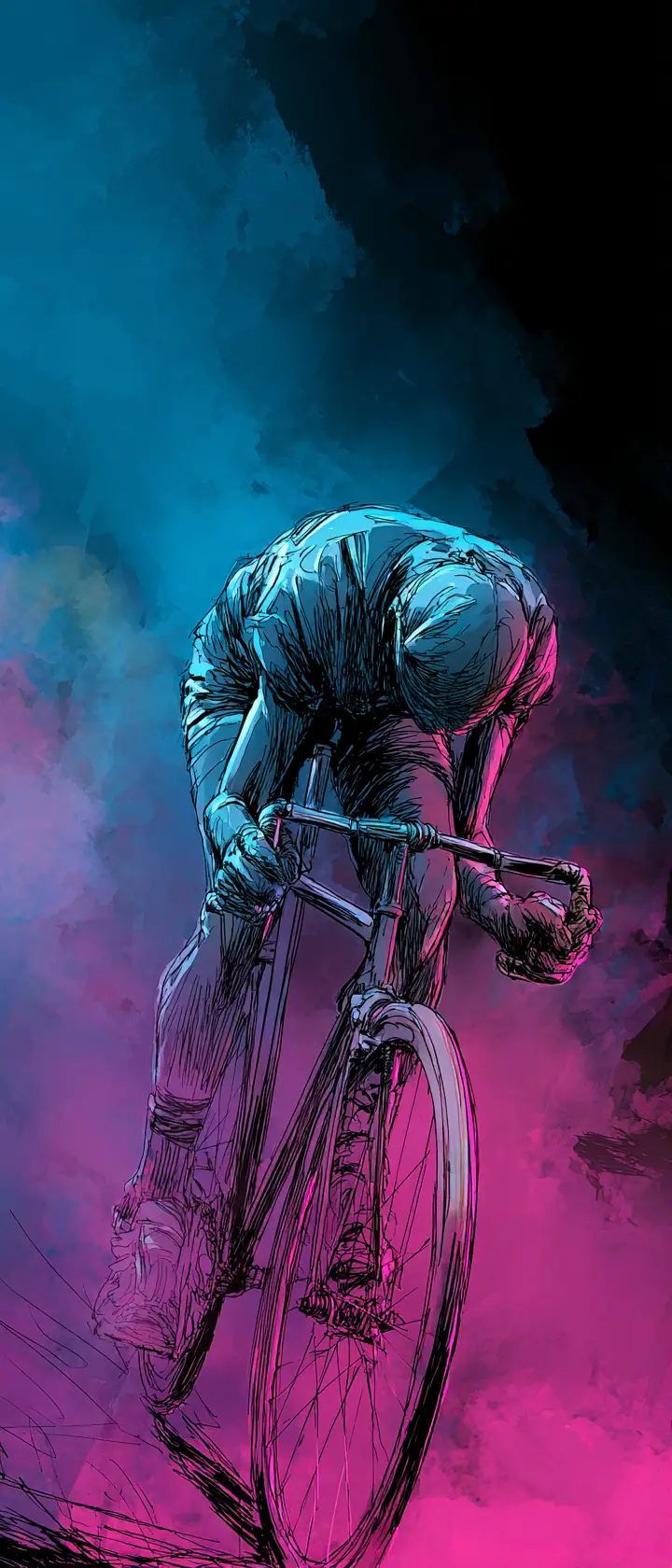 Dynamic cyclist racing through neon fog in ink illustration