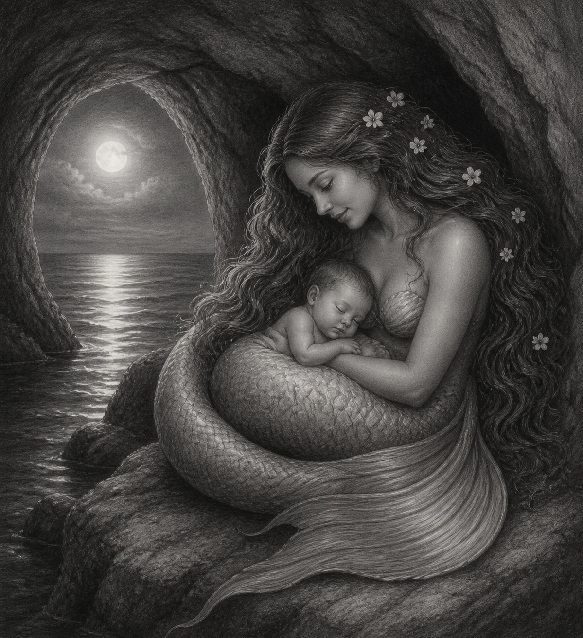 Tender mermaid cradling a sleeping baby in a moonlit cave