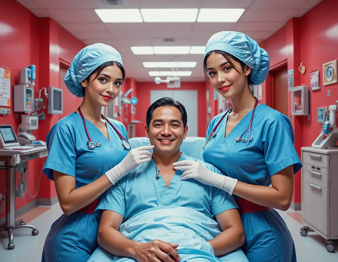 Caring nurses assisting male patient in modern hospital room