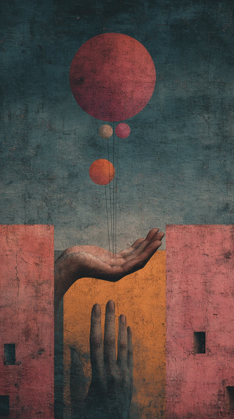 Surreal painting of impossible love in dark emotional colors