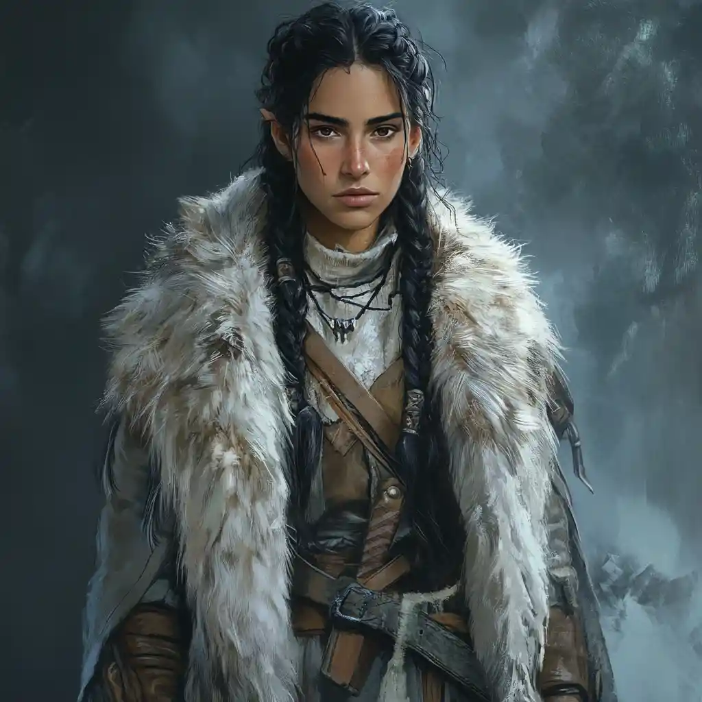 Nomadic arctic druid woman in fur and leather garb