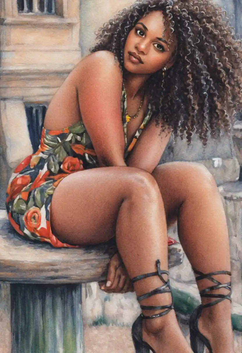Confident black woman by a stone fountain in colored pencil