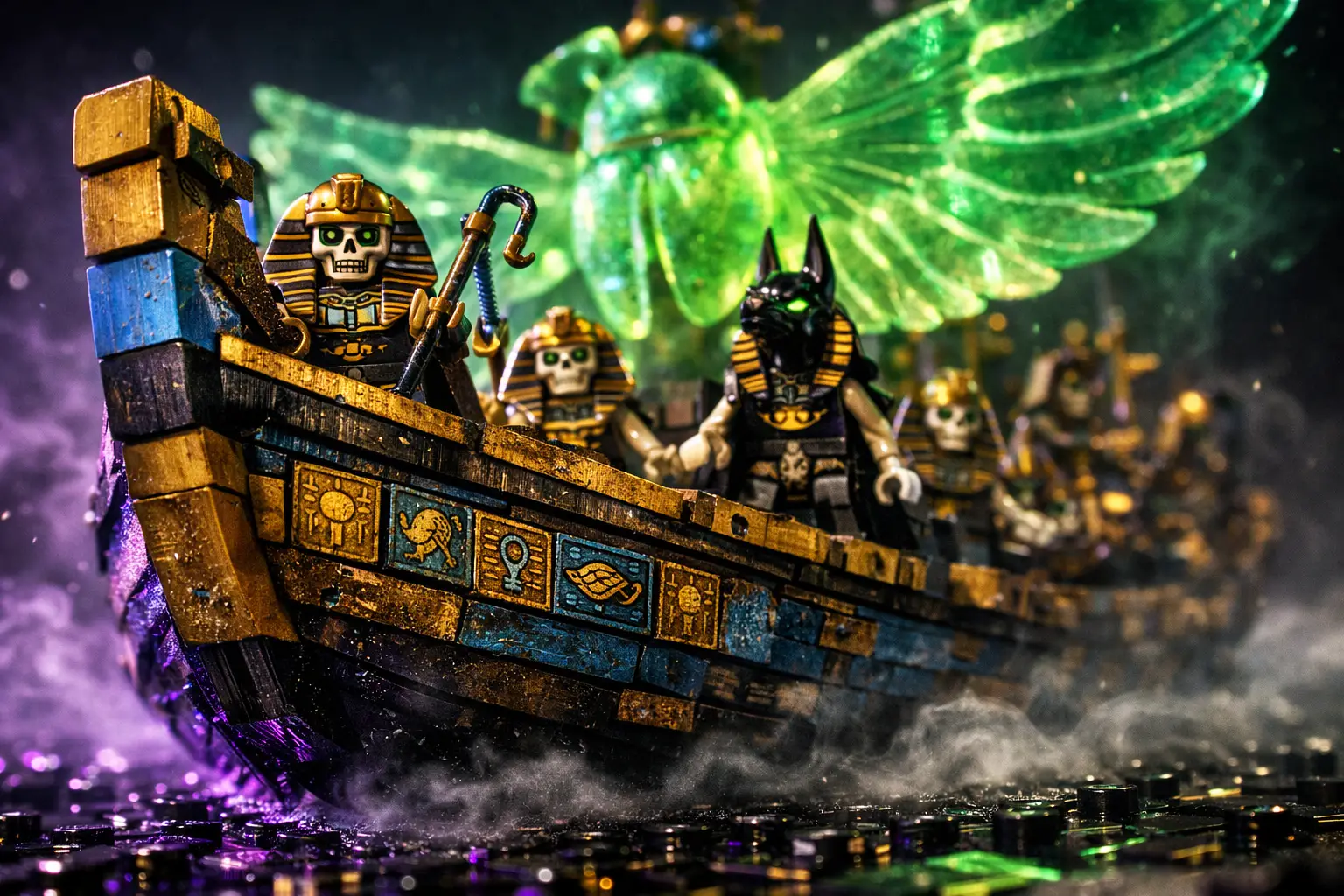 Vista macro de un barco funerario egipcio fantasmal de LEGO