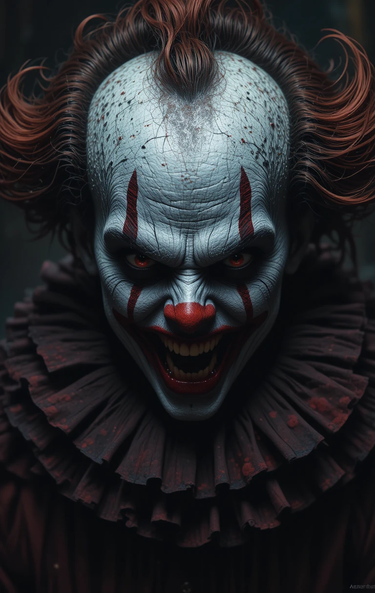 Terrifying clown with distorted pale face and stark red makeup