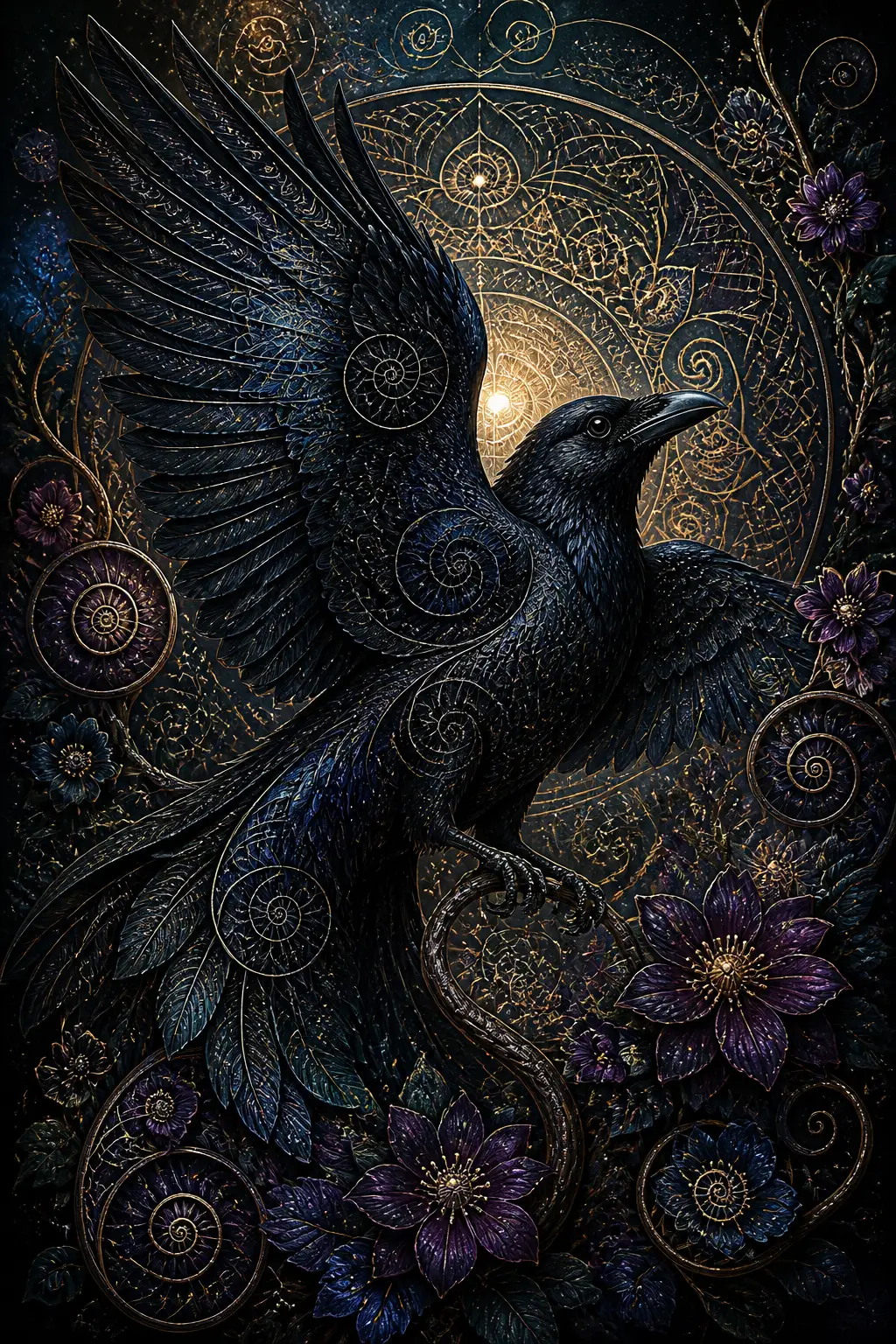 Corbeau noir mystique avec mandala et géométrie florale