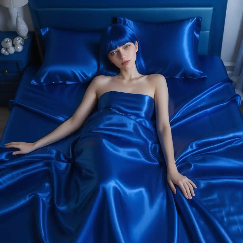 Woman with blue hair on royal blue satin bed sheets