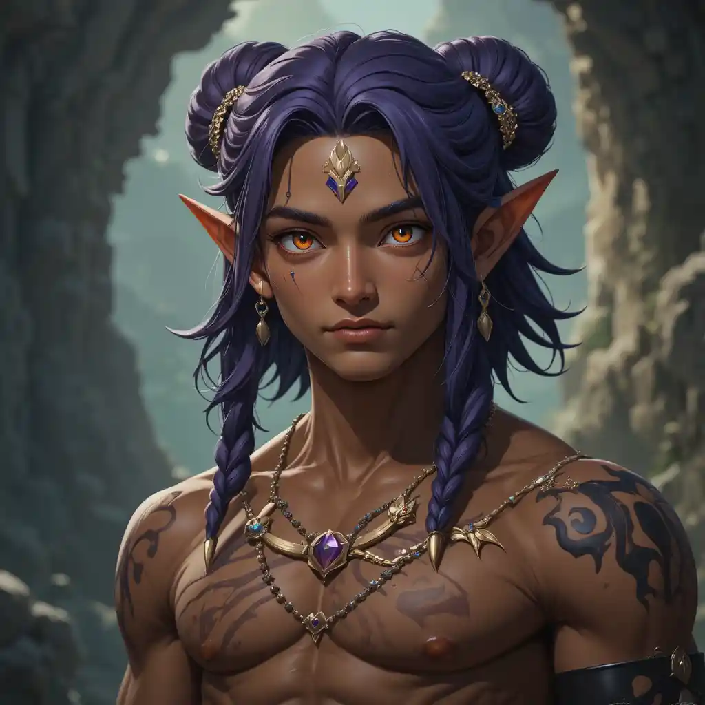 Young fantasy archer with brown skin and violet hair