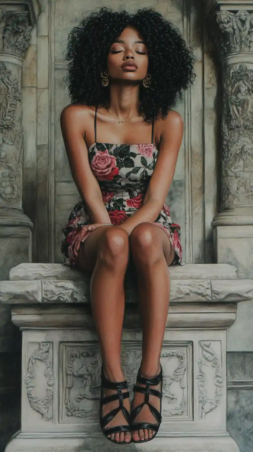 Young woman resting by a stone fountain in floral dress