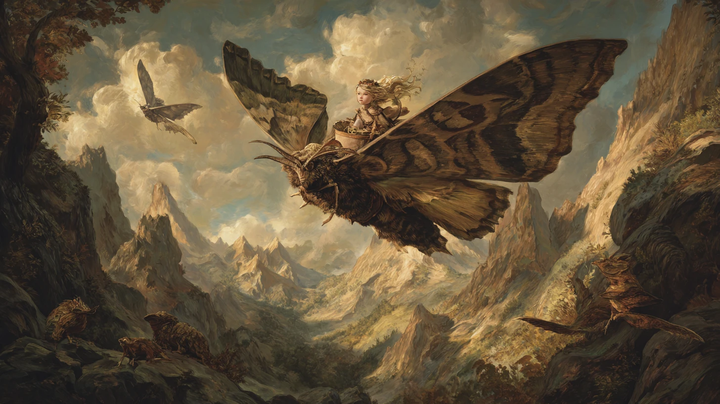 Forest fairy riding a saddleled moth through mountain valley
