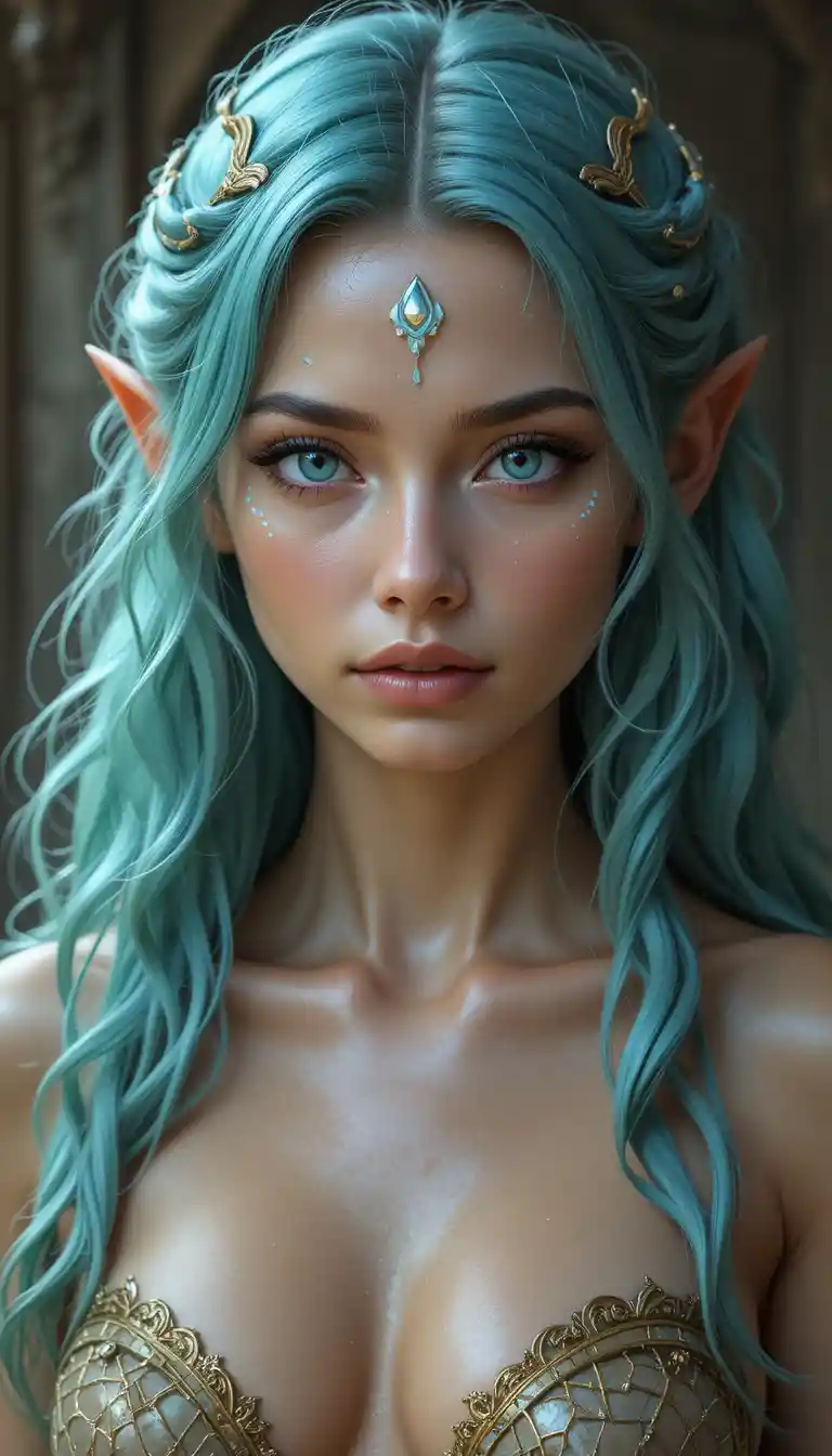 Elegant blue green haired mermaid woman in a fantasy world
