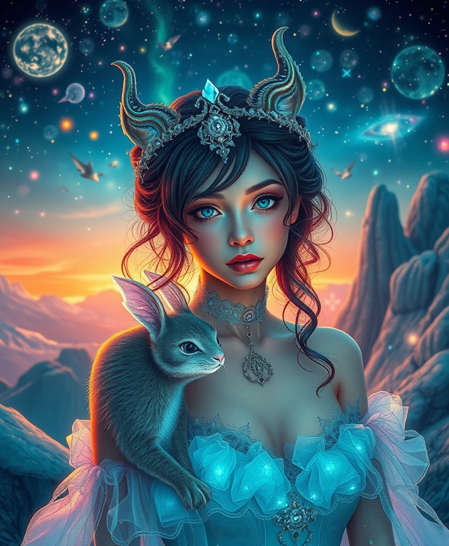 Mulher Fantástica Surreal em Paisagem Popsurreal Vibrante